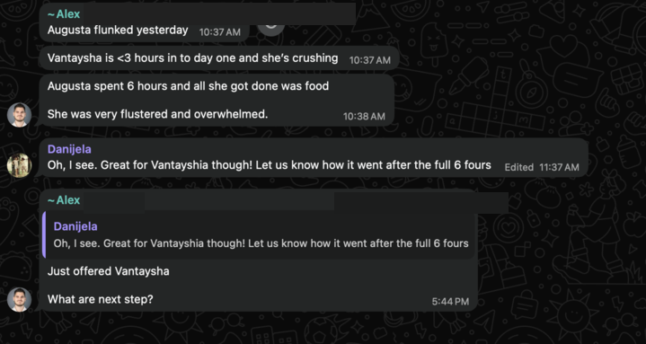 Client Alex says Vantaysha is crushing it less than 3 hours into day one