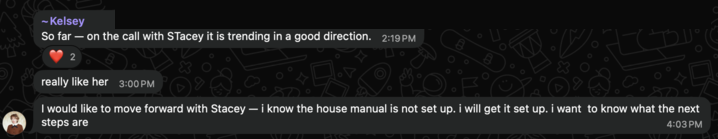 Client Kelsey says Stacey is trending in a good direction