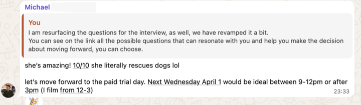 Client Michael rates his house manager 10 out of 10